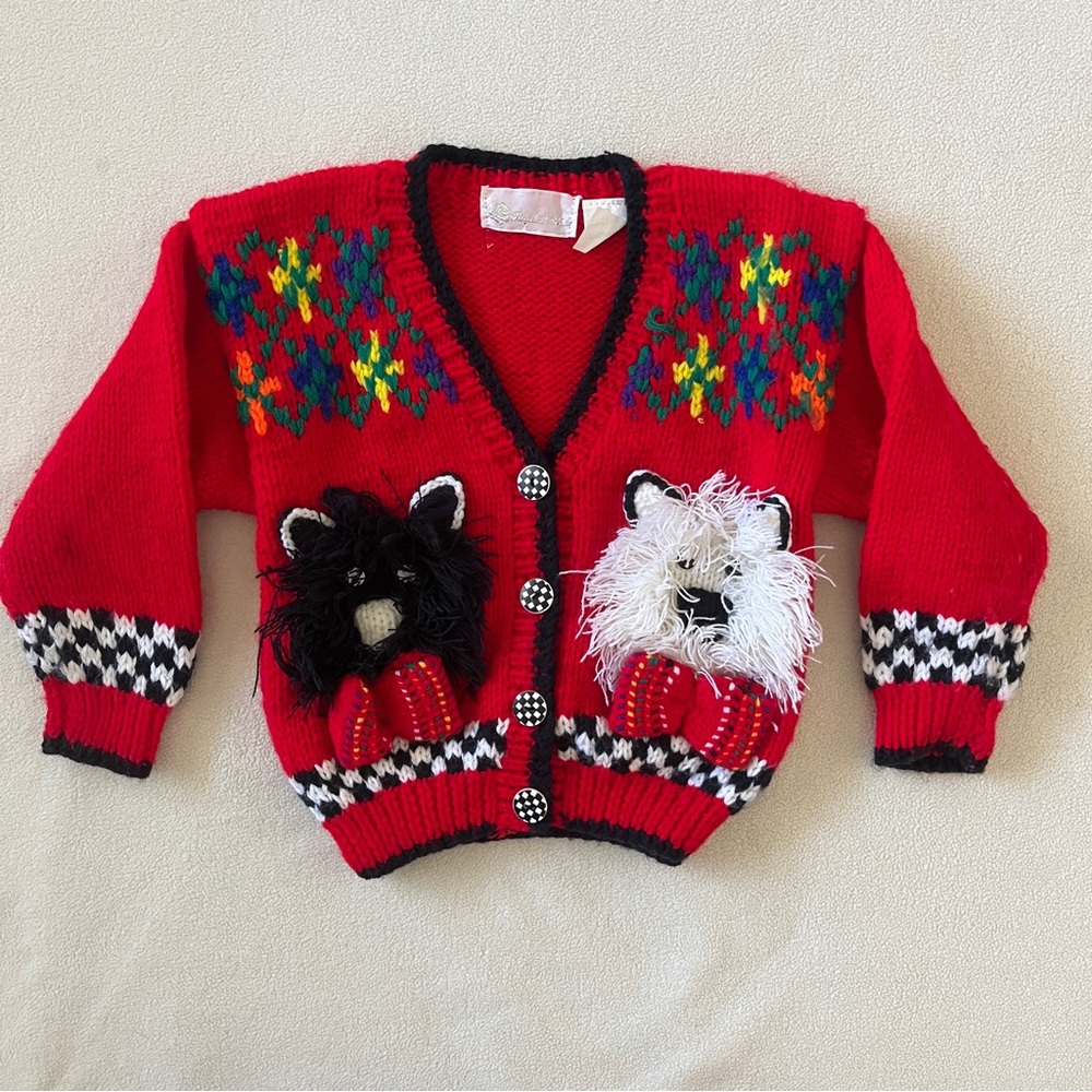 Vintage Rachel’s Kids Toddler Button Sweater Cardigan Embroidered Dogs Checker 3
